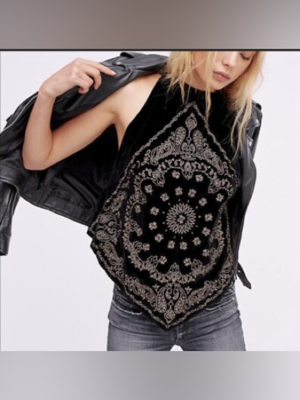 Free People Black Velvet Top with Gold Accent